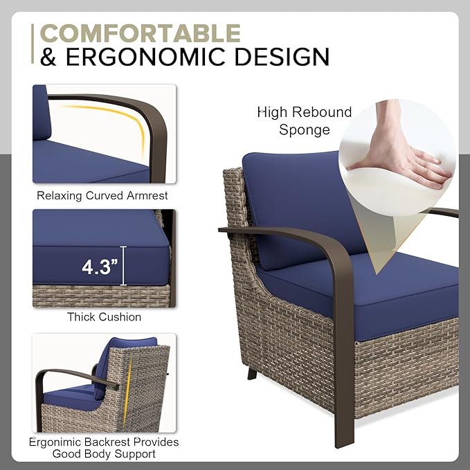 COOS BAY Aurora Terrace Half-Moon Outdoor Furniture Set, Rattan Conversation Set with Patio Chairs, Curved 5-Seat Sofa, Coffee Table, Seats 7, Beige/Blue