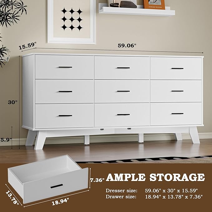 Dresser for Bedroom with 9-Drawer, 59" Wide Modern Chest of Drawers with Metal Handles, X-Shape Base & Adjustable Center Leg, Anti-Tip Closet Organizers and Storage