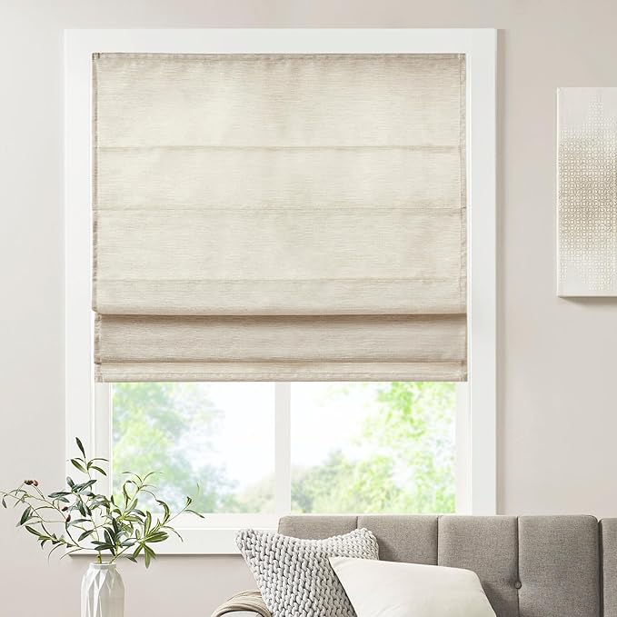 Madison Park Cordless Roman Shades Faux Silk Shade with Sheen 1-Panel Privacy, Room Darkening, Energy Efficient, Thermal Insulated Window Blind for Bedroom, Living Room Décor, 27"W x 64"H Como, Ivory