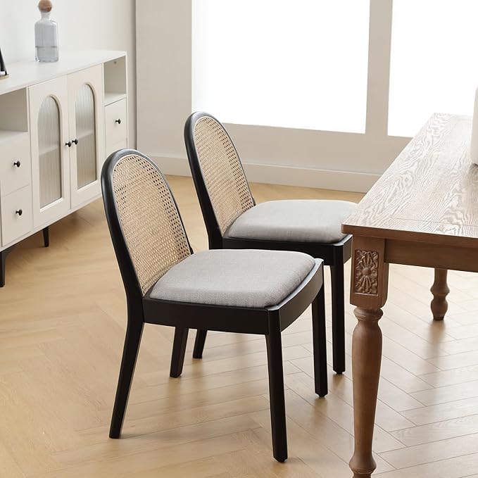 Rattan Dining Chairs Set of 6, Modern Dining Room Chairs with Cane Back Comfy Accent Kitchen Chair Upholstered Linen Fabric Chair for Restaurant/Living Room, Grey