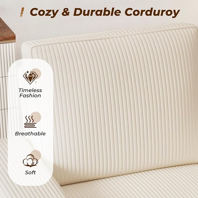 Furnimart 58" Wide Plush Loveseat, 2-Seater Sofa with Dual-Port USB Charger & Cup Holders, Corduroy Fabric, Modern Accent Couch for Small Spaces, Apartment, Living Room(Corduroy-Beige)