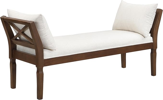 Christopher Knight Home Viko Farmhouse Wooden Living Room Ottoman Bench with Cross-back Detail, Upholstered End of Bed Ottoman with Armrest, Long Entryway Bench, Long Seating for Bedroom, Beige+Walnut