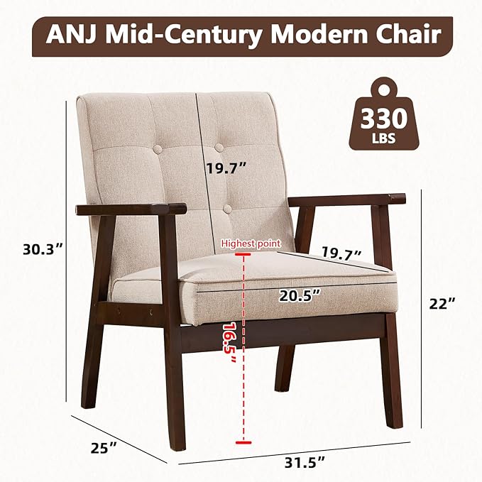 ANJ Mid Century Modern Accent Chair, Armchair for Living Room & Bedroom, Tufted Fabric Upholstered Side Chair with Solid Wood Legs, Comfortable Single Seater Reading Chair, Beige