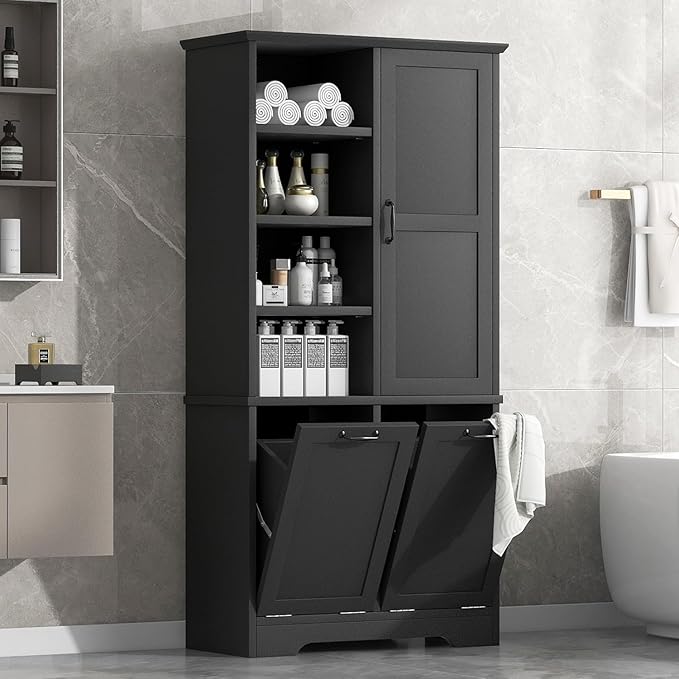 Tall Laundry Cabinet with 2 Tilt Out Hamper, Wood Bathroom Storage Cabinet with Doors and Adjustable Shelves Freestanding (Black)