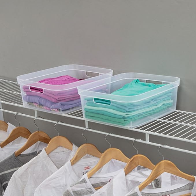 Sterilite 5.25 x 12.25 x 15 Inch Medium Modern Storage Bin w/Comfortable Carry Through Handles & Banded Rim for Household Organization, Clear 16 Pack