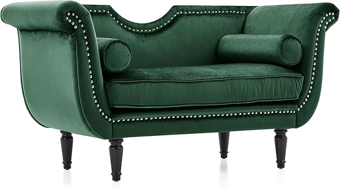 Christopher Knight Home Aurora Velvet Chaise Lounge Indoor with 2 Bolster Pillows, Upholstery Entryway Bench with Nailhead Trim & Curved Arms, End of Bed Bench Ottoman and Wooden Legs, Green