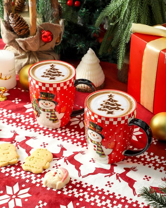 HASENSE Christmas Coffee Mugs Set of 6,15oz Ceramic Mug Gift, Matching Xmas Holiday Cups with Handles for Hot Cocoa,Coffee,Christmas Gifts for Women,Family, Friends