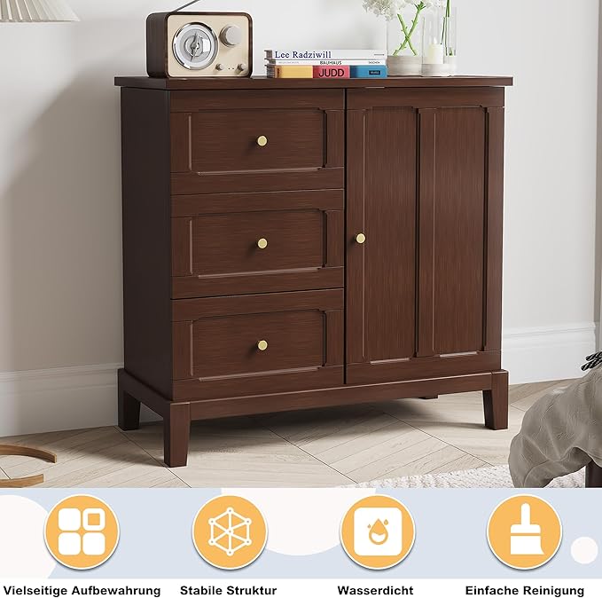 HLR Accent Cabinet with 3 Drawers and Door, Wooden Storage Cabinet with Shelves, Sideboard for Living Room, Entryway, Brown