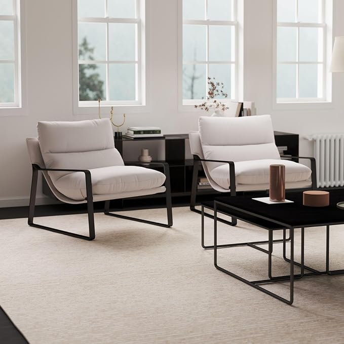 LukeAlon Modern Linen Accent Armchair, Upholstered Soft Living Room Chair with Metal Base Removable Thickened Cushion Single Sofa Chair Comfy Lounge Chair for Bedroom Living Room, White