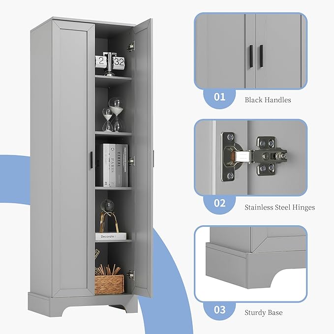Tall Freestanding Storage Cabinet, Multi-Purpose Floor Organizer with 2 Doors & 5 Adjustable Shelves for Bathroom, Office, Living Room, Grey