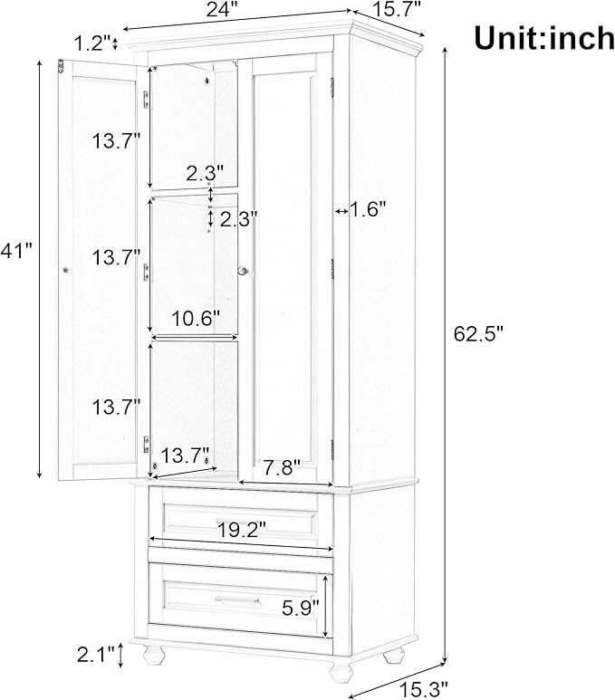 Polibi Tall Storage Cabinet with 2 Drawers, 3-Tier Adjustable Shelves & 2 Doors, Floor Freestanding Cabinet for Bathroom, Living Room, Grey