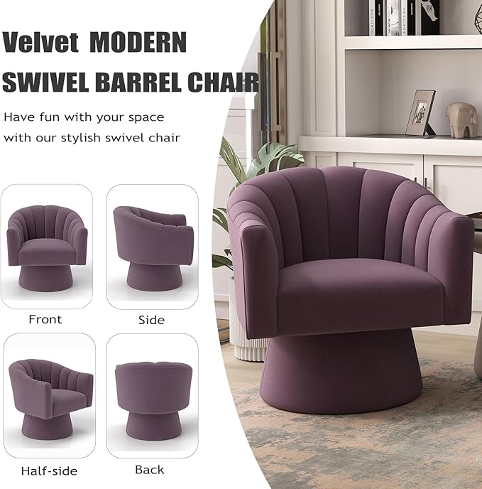 Swivel Accent Chair,Upholstered Velvet 360° Swivel Barrel Chair for Living Room Overstuffed Bouncle Reading Chair Round Armchair for Bedroom,Vanity,Office(Purple)