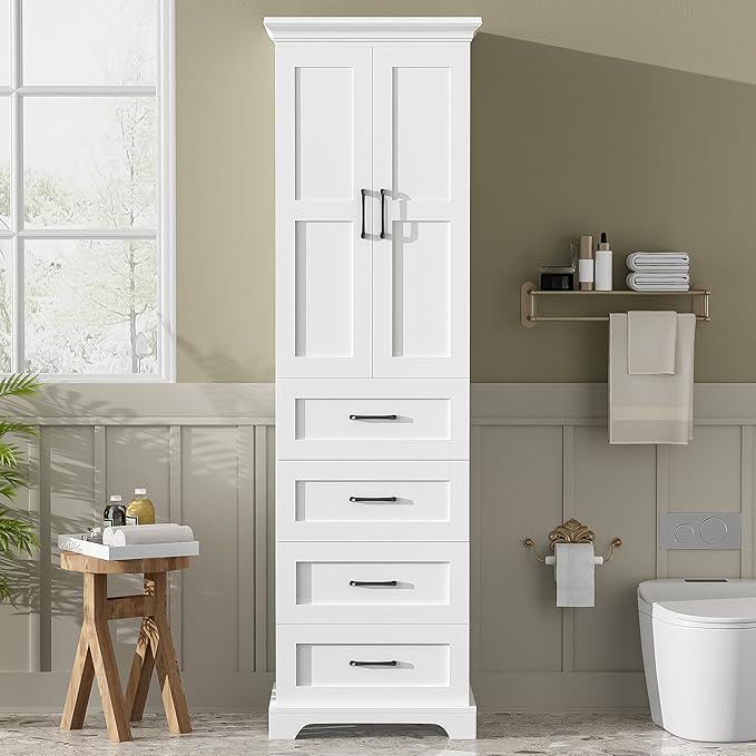 Tall Freestanding Storage Cabinet with 2 Doors & 3 Drawers, Multi-Purpose Organizer with Adjustable Shelf for Bathroom, Office, Living Room, White