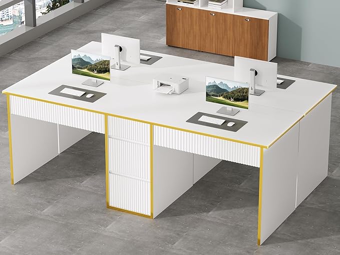 4 EVER WINNER Two Person Desk with Drawers, 78.72 Inch Extra Long Computer Desk with 5 Storage Drawers, Study Writing Desk with Storage Shelves for Home Office, White and Gold Desk