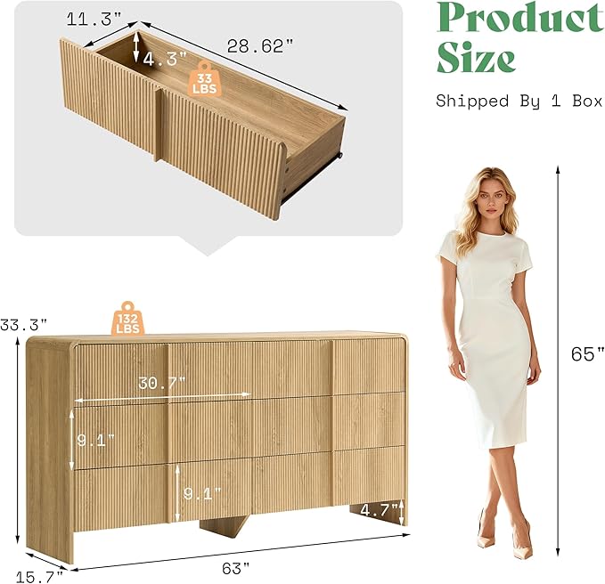 AMERLIFE 63" Fluted 6 Drawer Dresser, Long Modern Chest of Storage Drawers with Pine Handles, Rounded Corners & Anti-Tip Design, Wood Closet Organizer for Bedroom, Living Room, Nursery, Natural Oak