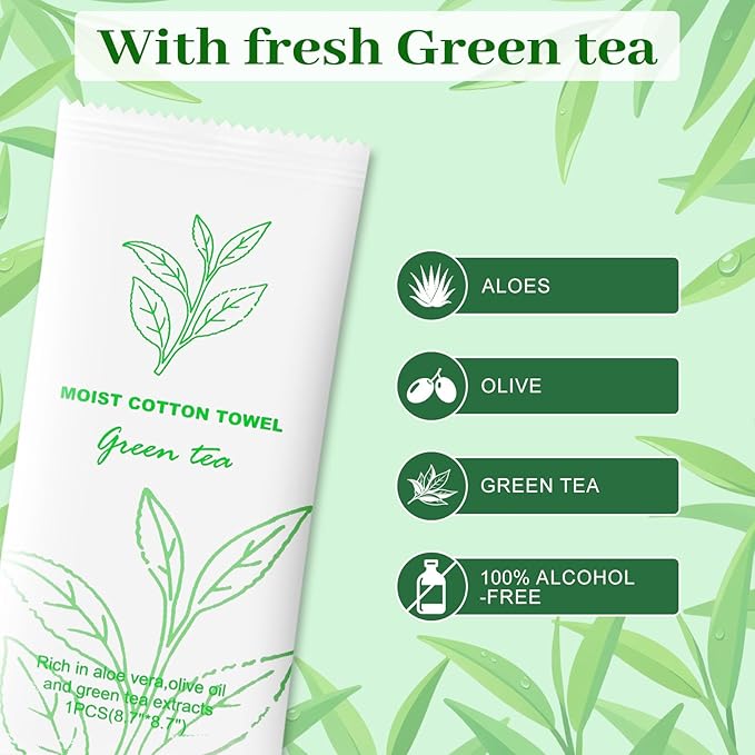 Moist Cotton Towel Bulk Moist Towelettes Individually Wrapped,White Towel Services,Refreshment Pre Moistened Towels for Dentist Travel Sport Party Hotel 200，Green tea