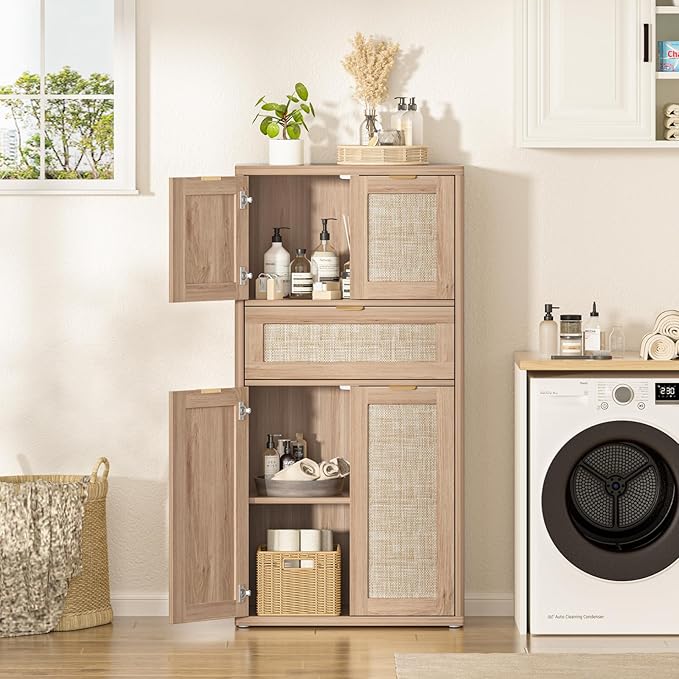 LEYAOYAO 48" Tall Storage Cabinet Set of 2,Rattan Bathroom Floor Cabinets with 4 Doors & 1Drawer,Boho Kitchen Pantry with Adjustable Shelves,Wooden Cupboard for Living Room,Home Office,Natural Wood
