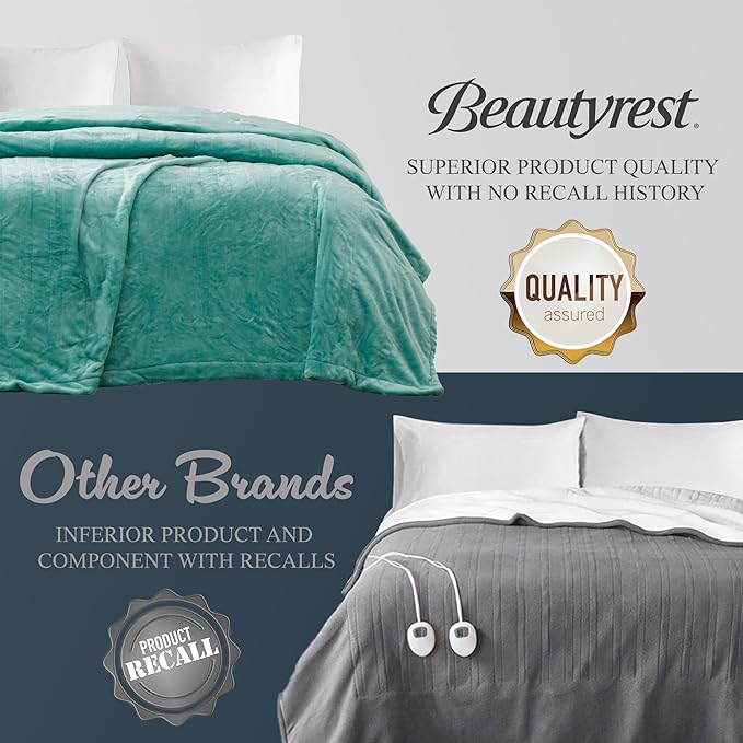 Beautyrest Heated Plush Elect Electric Blanket with 20 Heat Level Setting Controllers Equip with Secure Comfort Technology and 10 Hours Auto Shut Off, Twin: 62x84, Aqua,BR54-0903