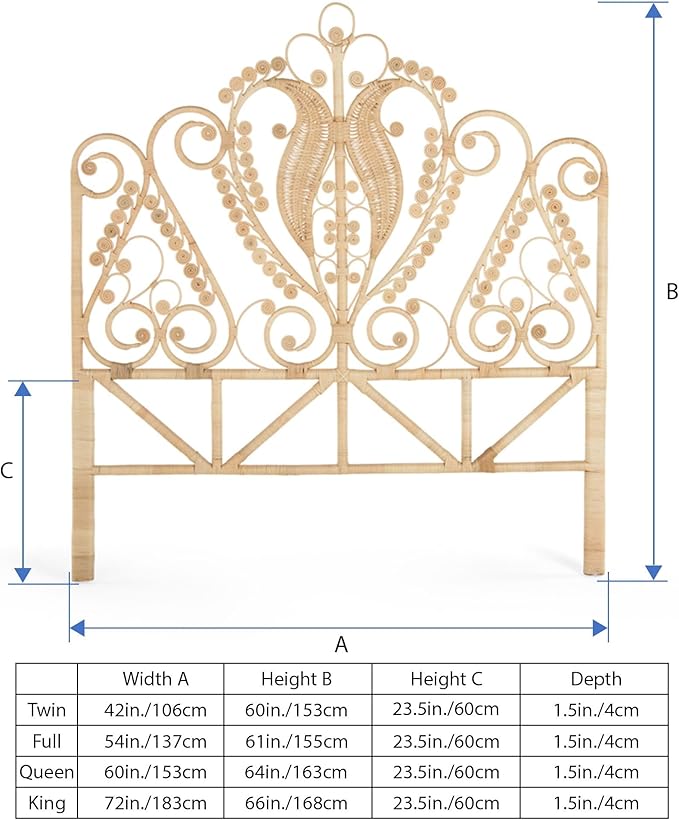 KOUBOO Peacock Rattan Headboard, Queen Size, Natural Color
