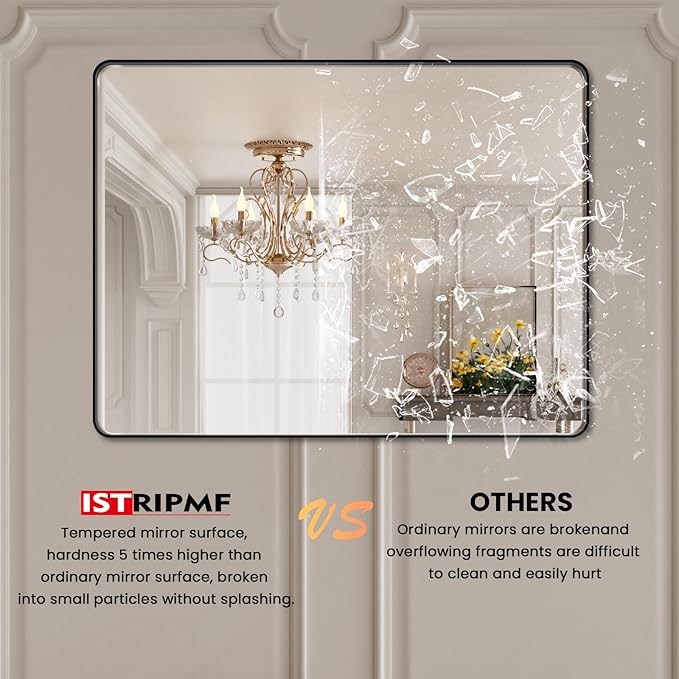 40x30 Inch Black Metal Framed Bathrrom Mirror for Wall,Matte Black Rectabgle Vanity Mirror,Tempered Glass,Anti-Rust,Rounded Corner,Horizontal or Vertical