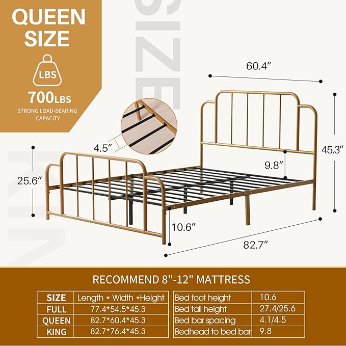 PINJU Metal Platform Bed Frame with Headboard and Footboard, Classic Style, Sturdy Metal Slats, No Box Spring Needed, Easy Installation (Gold, Queen)