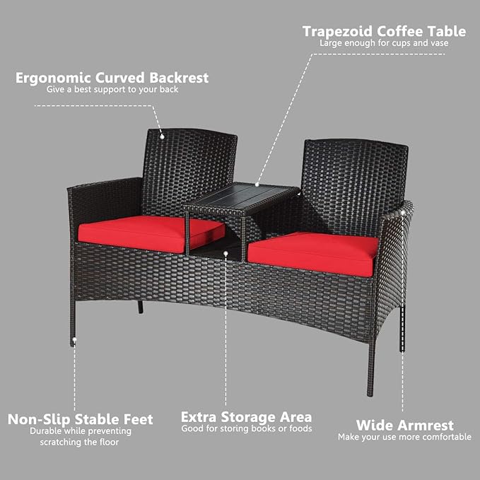 COSTWAY 2-Seat Patio Conversation Sets, Outdoor Patio Loveseat Set with Removable Cushions & Built-in Coffee Table for Backyard, Garden, Lawn, Balcony, Black+Red