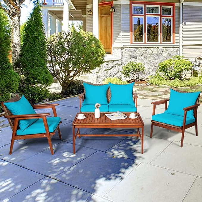 COSTWAY 4 Pieces Acacia Wood Patio Conversation Set, Outdoor Wicker Sofa with Coffee Table & Cushions, Patio Rattan Furniture Set for Yard, Porch, Poolside, Balcony, Backyard, Turquoise