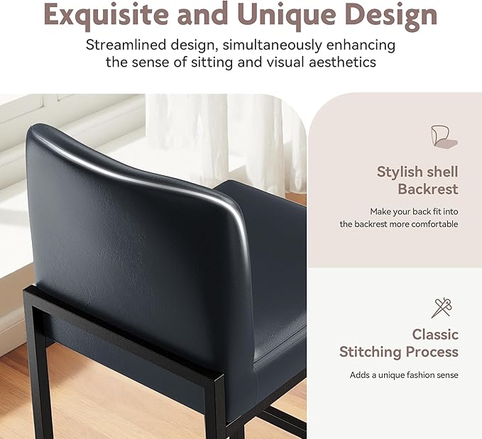 ALPHA HOME 24 Inch Bar Stools Set of 6, Kitchen Counter Stools with Backs, PU Leather Barstools, Kitchen Stools with Back&Upholstered Footrest, Sturdy Chromed Metal Steel Frame, Midnight Blue