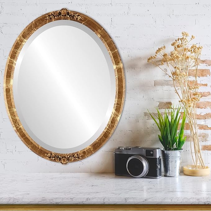 OVALCREST Oval Beveled Wall Mirror for Home Decor - Athena Style - Champagne Gold - 26" x 22" Outside Dimensions