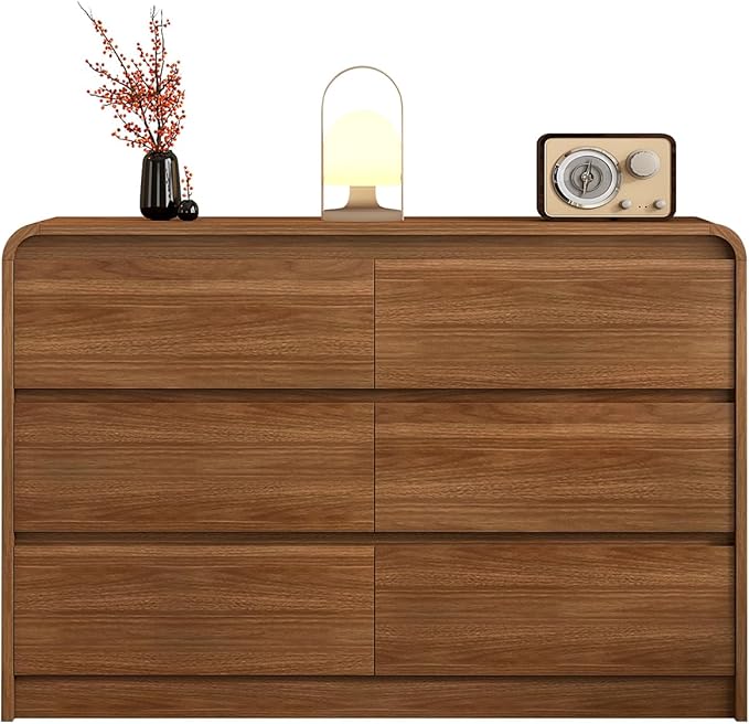6 Drawer Dresser For Bedroom 47 Inch Wood Chest of Drawers - Curved Anti Collision, Mid Century Dresser For Closet with Natural Texture & Pre-Embedded Slots for TV Stand, Living Room, Nursery