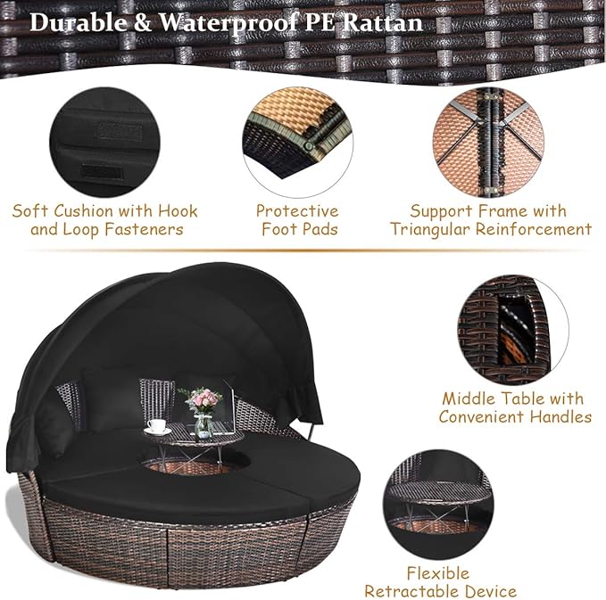 COSTWAY Patio Round Daybed with Retractable Canopy, Wicker Furniture Sectional Couch with Separate Cushioned Seats, Adjustable Table Top, Patio Rattan Daybed Sofa for Backyard, Poolside, Black