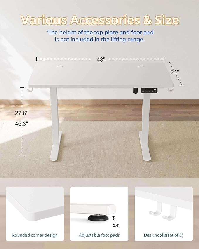 YIHAYO Electric Standing Desk, 48 x 24 Inches Stand Up Desk with Splice Board, Adjustable Height Desk, Computer Desk for Home Office, White Frame/White Top