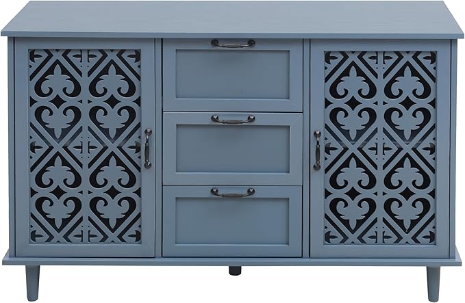 Sideboard Buffet Cabinet with Storage - Accent Storage Cabinet American Furniture, Modern 2 Door 3 Drawer Cabinet, Farmhouse Wood Credenza for Living Room, Dining Room, Entryway (Blue)