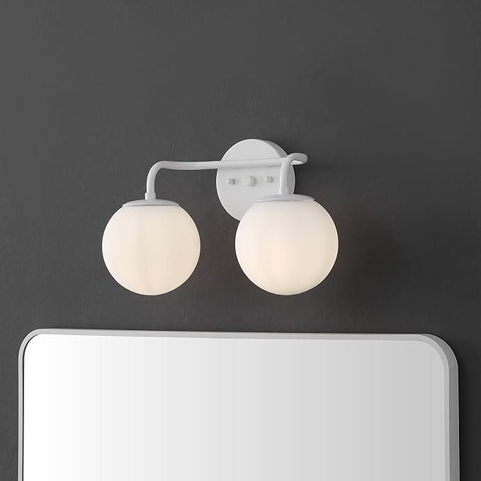 JONATHAN Y JYL3535D Louis Parisian Globe 15" 2-Light Metal/Frosted Glass Modern Contemporary LED Vanity Light Midcentury, Glam, Transitional, Bathroom, Powder Room, Dressing Room, Bedroom, White
