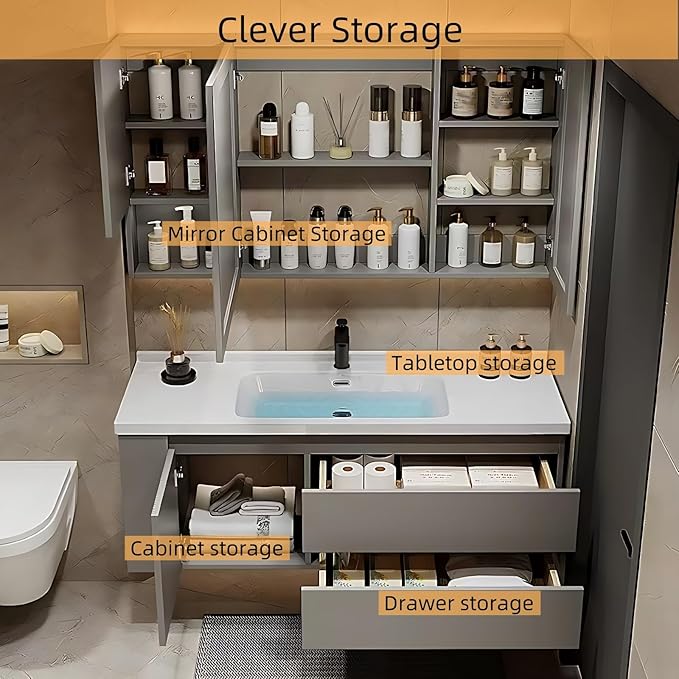 64IN Suspended Bathroom Cabinet Combo Set - Fully Functional LED Mirror with Smart Defogging & Time Display | Bathroom Vanity with Sink,Side Cabinet Storage Compartment (Style A)