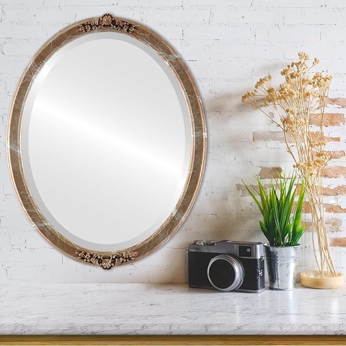 OVALCREST Oval Beveled Wall Mirror for Home Decor - Athena Style - Champagne Silver - 26" x 22" Outside Dimensions
