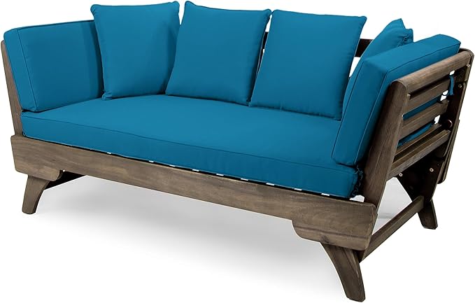 Christopher Knight Home Gary Patio Convertible Couch, Wooden Outdoor Daybed, 3-Seater Acacia Wood Patio Furniture Lounge Sofa for Backyard/Poolside/Garden, Back Pillow+Removable Cushion, Grey+Teal