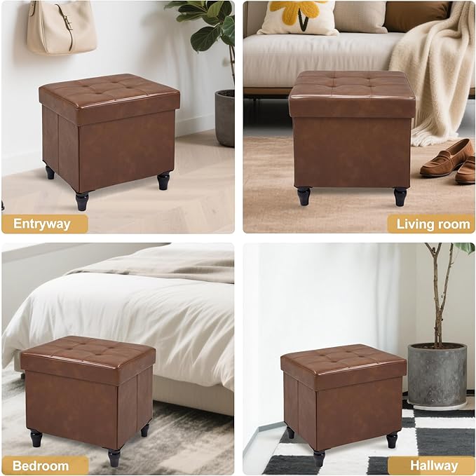 GLAXYFUR Storage Ottoman Bench, 15 Inches Foldable Ottoman Foot Stool with Legs, PU Leather Footrest for Living Room, Bedroom, Dorm (Brown)