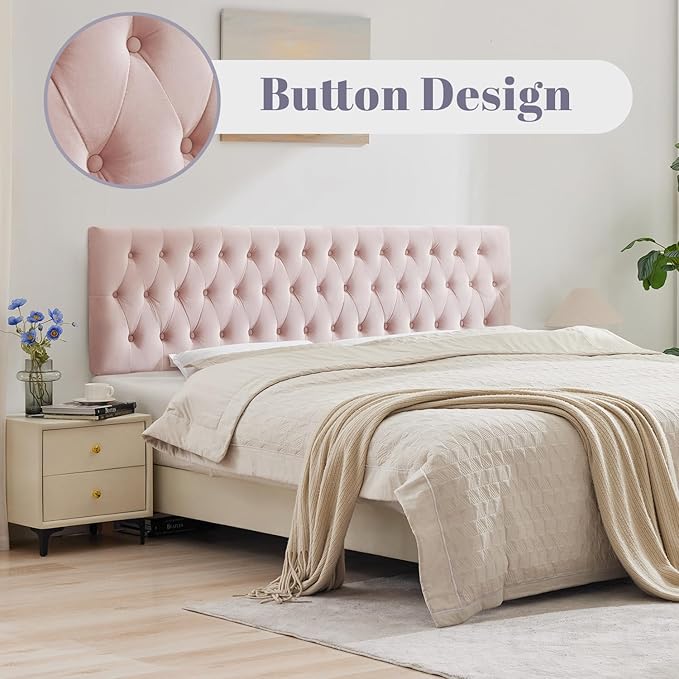 Kingfun Tufted Upholstered Queen Size Bed Headboard in Modern Button Design, Adjustable Solid Wood Head Board, Premium Velvet Fabric Padded Headboards in Bedroom (Pink)