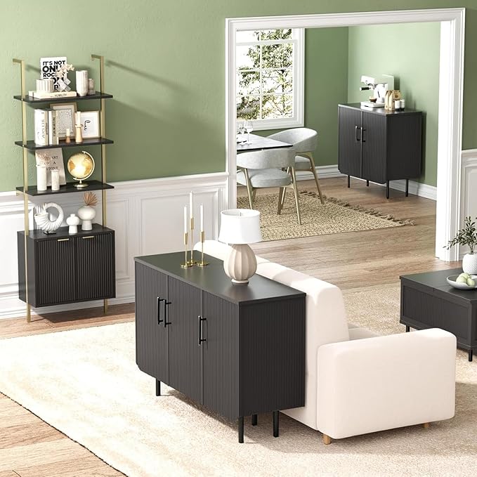 Modern Fluted Black Storage Cabinet with 2 Doors, Adjustable Shelves, and Metal Legs, Accent Buffet Sideboard for Living Room, Dining Room, Entryway (Black)