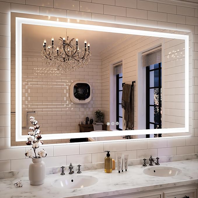 ISKM 60'' x 36'' LED Mirror for Bathroom Lighted Vanity Mirror for Wall Front Lights + Backlit LED Bathroom Mirror Anti-Fog Tempered Glass ETL Listed
