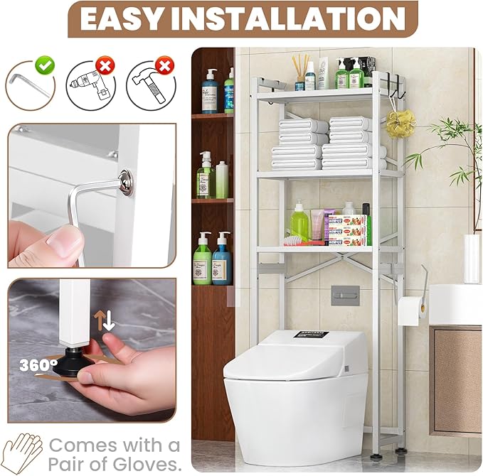 ZZL Over The Toilet Storage,3-Tier,Bathroom Toilet Organizer,Multifunctional Space Saver Freestanding Bathroom Shelves with 4 Hooks,White