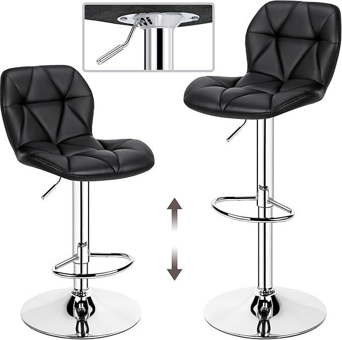 Yaheetech Bar Stools Set of 2, Modern Adjustable Kitchen Island Chairs, Black PU Leather Swivel Counter Stools for Bar, Kitchen Counter, Black