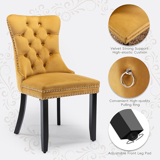 Velvet Upholstered Dining Chairs Set of 6, Modern Style Kitchen Side Chairs with Nailhead Trim and Wood Legs,Metal Pulling Ring for Dining Room Living Room(Gold,Set of 6)