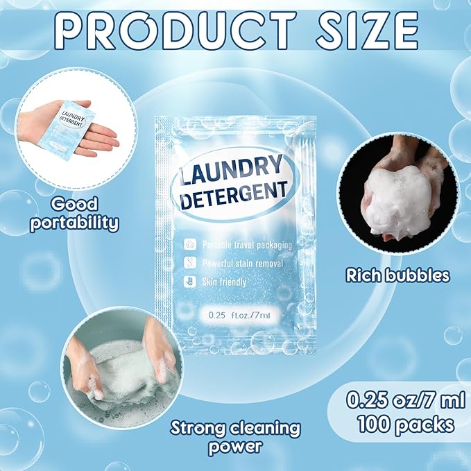 Leelosp 100 Pcs Individual Travel Laundry Detergent Bulk Travel Size Laundry Detergent Packets Portable Single Use Liquid Soap for Traveler Hostel Essentials Cleaning