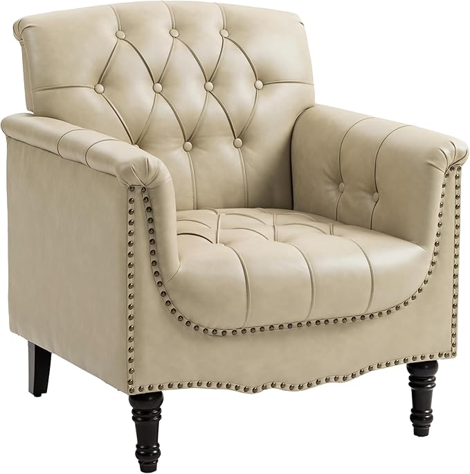 UIXE Faux Leather Accent Chair, Upholstered Armchair for Living Room, Retro Button Tufted Club Arm Chair Single Sofa Bedroom Side Reading Seating with Solid Wood Legs - Beige