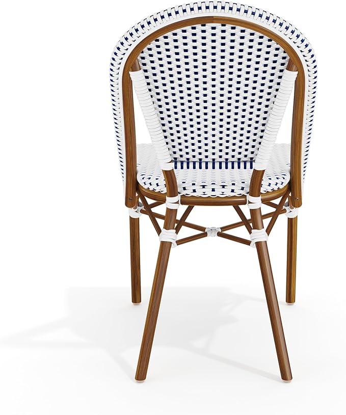 Martha Stewart Lily Pond Indoor-Outdoor Stackable Aluminum Bistro Chair with Natural Woodgrain Frame Finish and White/Navy Woven Rattan Backrest and Seat