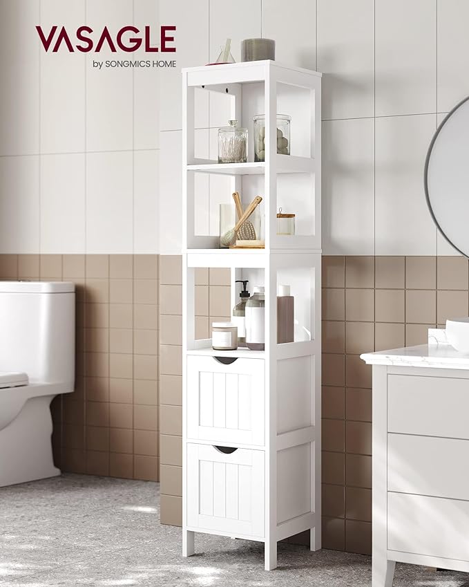 VASAGLE Storage Cabinet, Storage Organizer Rack Stand for Bathroom, Living Room, Bedroom, Multifunctional Corner Unit, 2 Drawers, 55.7 Inches in Height, White UBBC66WT