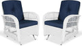 VIVIJASON 2-Piece Outdoor White Wicker Glider Rocking Chair, Patio Rattan Swing Glider Chairs with Cushions & Steel Frame, All-Weather Gliding Lawn Wicker Furniture for Garden Backyard, Navy Blue