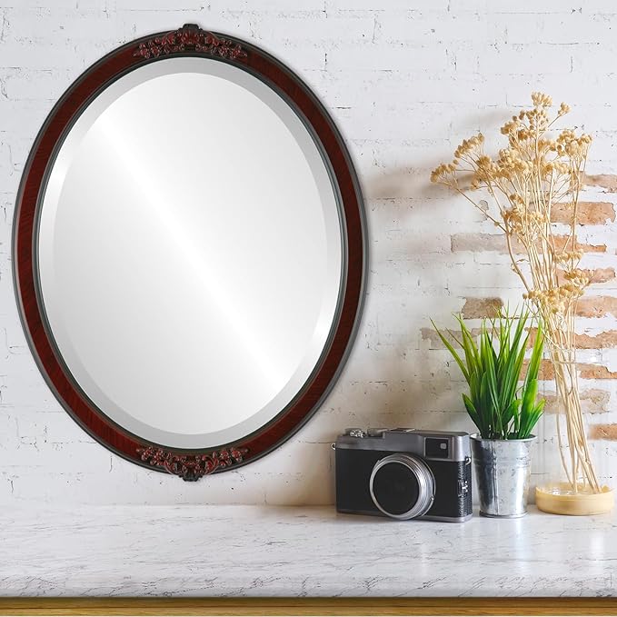 OVALCREST Oval Beveled Wall Mirror for Home Decor - Athena Style - Vintage Cherry - 26" x 22" Outside Dimensions